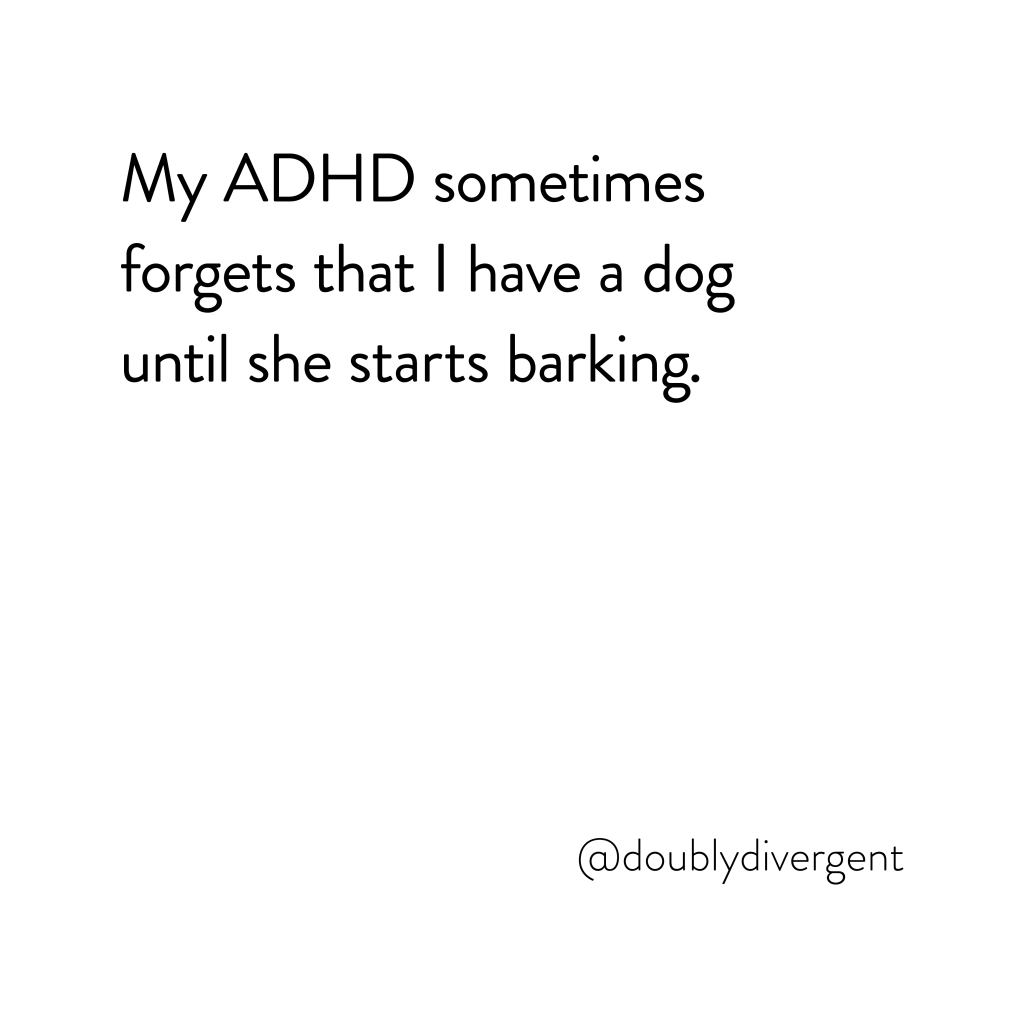 Image text reads: My ADHD sometimes forgets that I have a dog until she starts barking. Image credit: Vinnie Kinsella, @doublydivergent